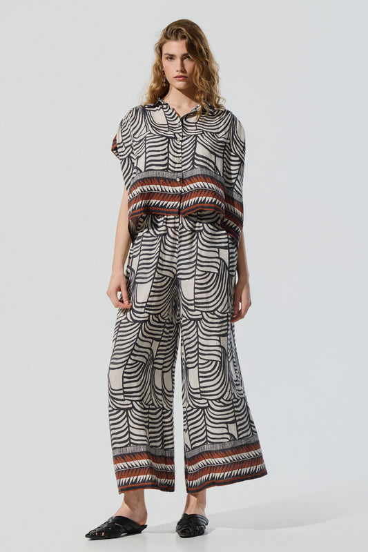 Printed linen wide-leg trouser