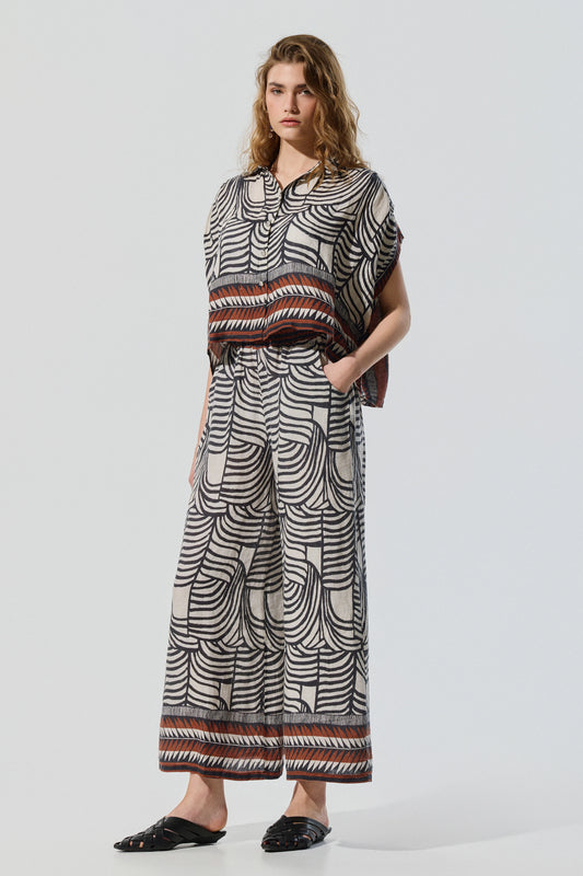 Printed linen wide-leg trouser
