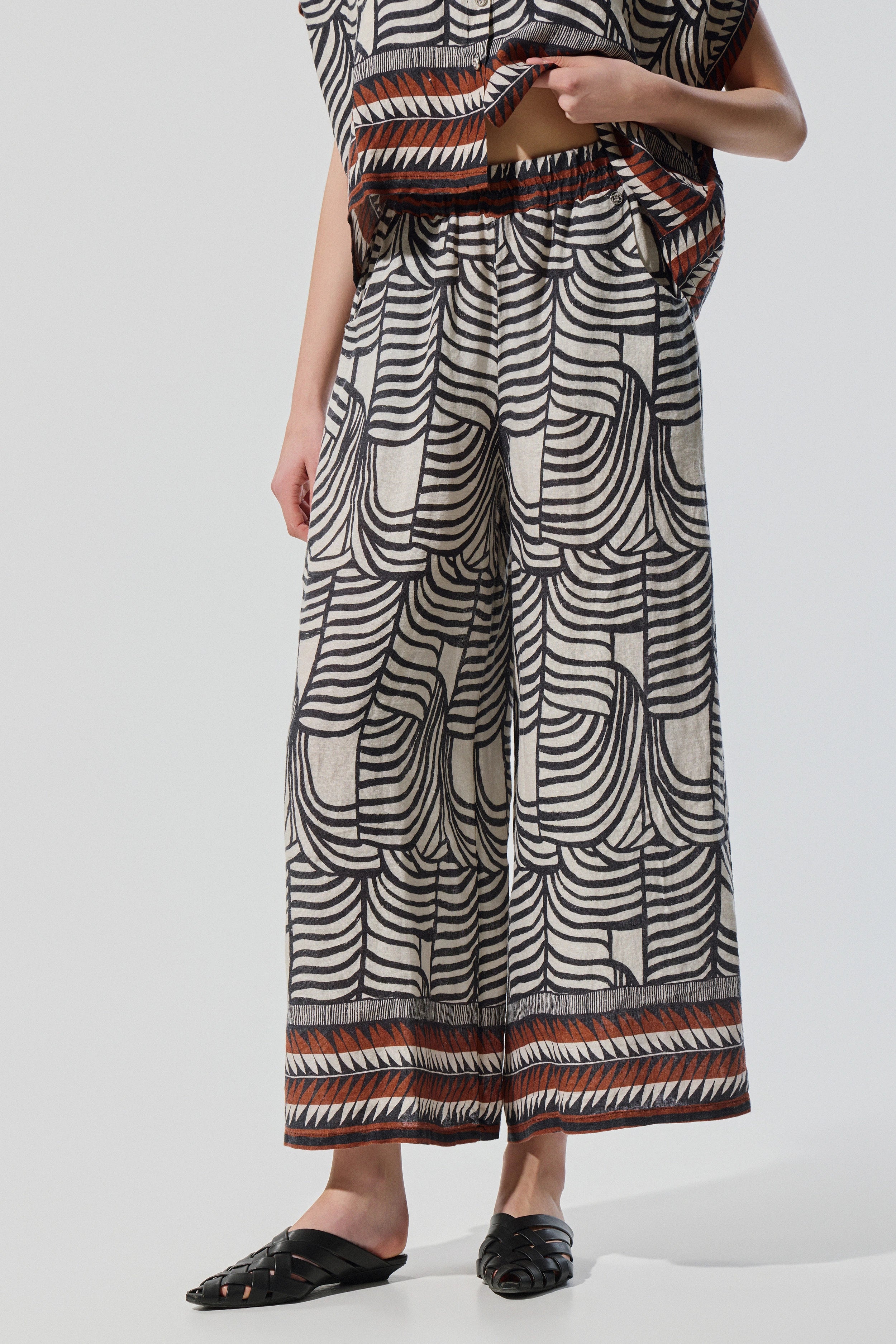 Printed linen wide-leg trouser