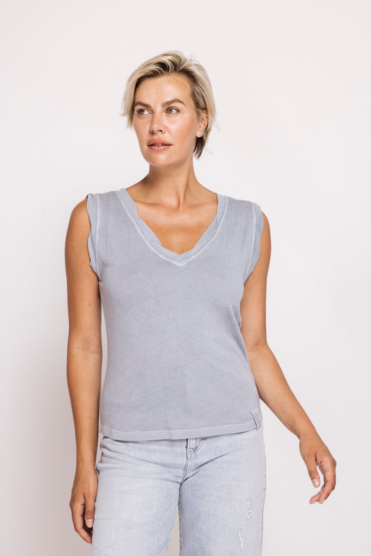 Asha Cotton V-Neck Top - Blue