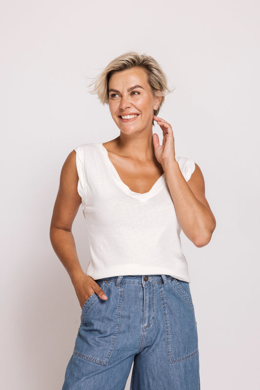 Asha Cotton V-Neck Top - Off White